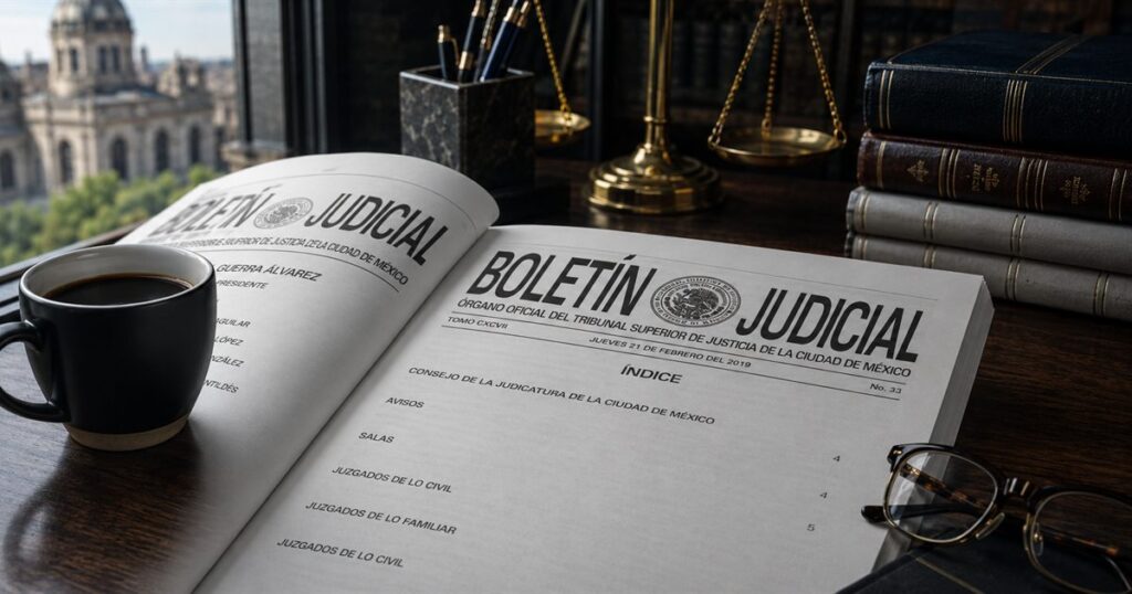 Boletín Judicial impreso sobre un escritorio junto a una taza de café y unos lentes de lectura