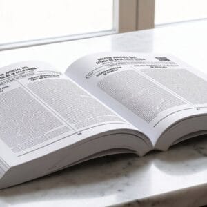 Ejemplar abierto del Boletín Judicial del Estado de Baja California sobre mármol blanco, con código QR en el encabezado y dos columnas por plana encabezadas por juzgados de Mexicali.