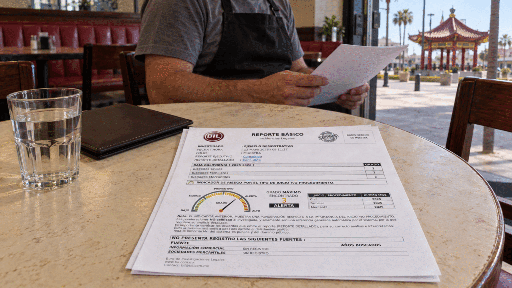 Reporte BIL de muestra con indicador de riesgo sobre la mesa de un restaurante, frente a una persona con delantal que revisa documentos; afuera se ve la Pagoda China de Mexicali.