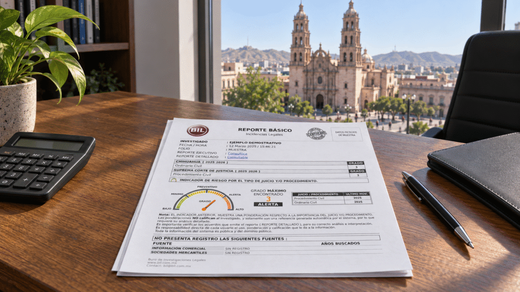 Reporte básico BIL de muestra con indicador de riesgo sobre un escritorio con calculadora, carpeta y pluma, con la Catedral de Chihuahua al fondo.