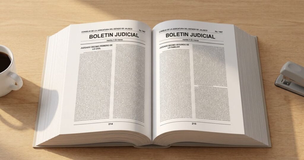 Ejemplar impreso del Boletín Judicial del Consejo de la Judicatura del Estado de Jalisco, abierto sobre un escritorio, con dos columnas encabezadas por juzgados civil y familiar.