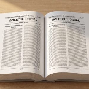 Ejemplar impreso del Boletín Judicial del Consejo de la Judicatura del Estado de Jalisco, abierto sobre un escritorio, con dos columnas encabezadas por juzgados civil y familiar.