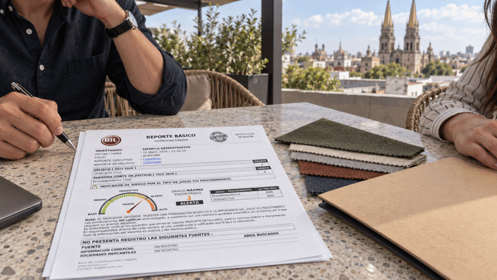 Dos personas revisan un reporte BIL de muestra junto a telas y una carpeta en una terraza, con las torres amarillas de la Catedral de Guadalajara al fondo.