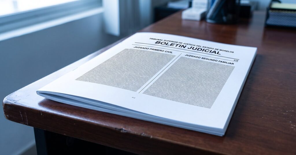 Ejemplar recien impreso del Boletin Judicial del Estado de Morelos, abierto sobre un escritorio de madera: cuadernillo de pasta blanda tamano carta, a dos columnas encabezadas por los juzgados, con folio arriba y numero de pagina al pie.
