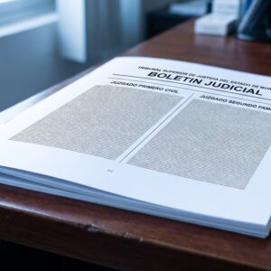 Ejemplar recien impreso del Boletin Judicial del Estado de Morelos, abierto sobre un escritorio de madera: cuadernillo de pasta blanda tamano carta, a dos columnas encabezadas por los juzgados, con folio arriba y numero de pagina al pie.