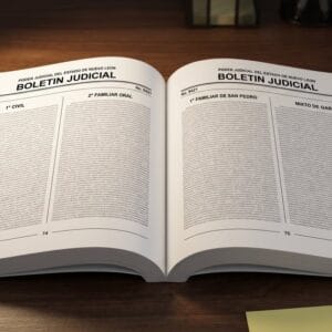 Ejemplar abierto del Boletín Judicial del Poder Judicial del Estado de Nuevo León sobre un escritorio de nogal bajo una lámpara, con las dos planas impresas y juzgados en los títulos de columna.