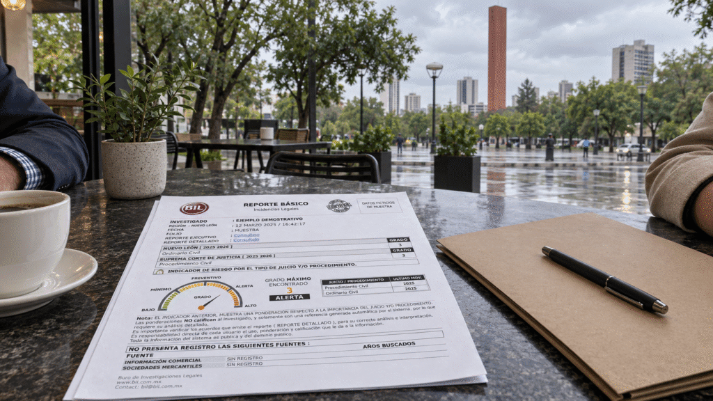 Reporte básico BIL de muestra con indicador 3 y etiqueta ALERTA sobre una mesa de café, junto a una carpeta y una pluma, con el Faro del Comercio y el pavimento mojado de la Macroplaza de Monterrey al fondo.