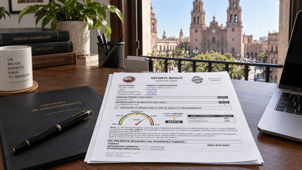 Reporte básico BIL de muestra con indicador de riesgo sobre un escritorio, junto a un contrato de arrendamiento y una pluma, con la Catedral de San Luis Potosí al fondo.