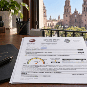 Reporte básico BIL de muestra con indicador de riesgo sobre un escritorio, junto a un contrato de arrendamiento y una pluma, con la Catedral de San Luis Potosí al fondo.