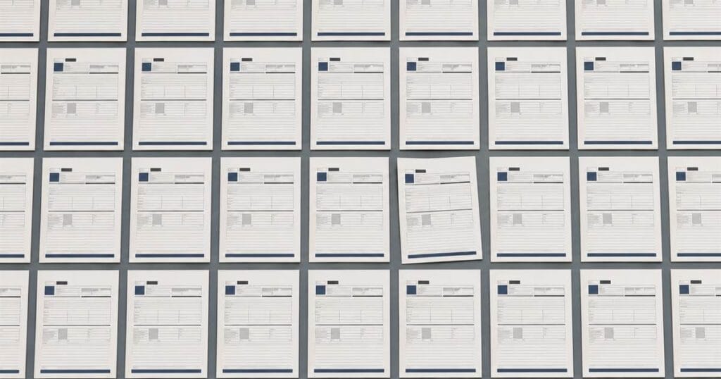 Decenas de documentos oficiales idénticos ordenados en retícula, con uno de ellos ligeramente fuera de alineación