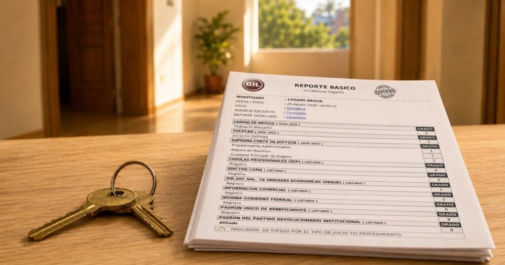 Reporte BIL de incidencias legales sobre una mesa de madera junto a un juego de llaves, con la puerta de un departamento al fondo